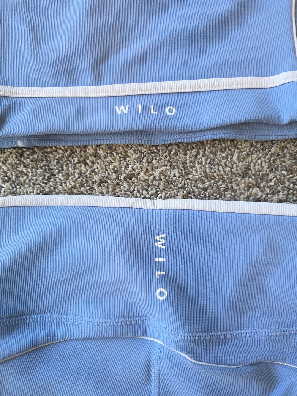High-Waist Blue Bike Shorts with White Trim & Matching Top— Athletic Fit - Picture 6 of 7